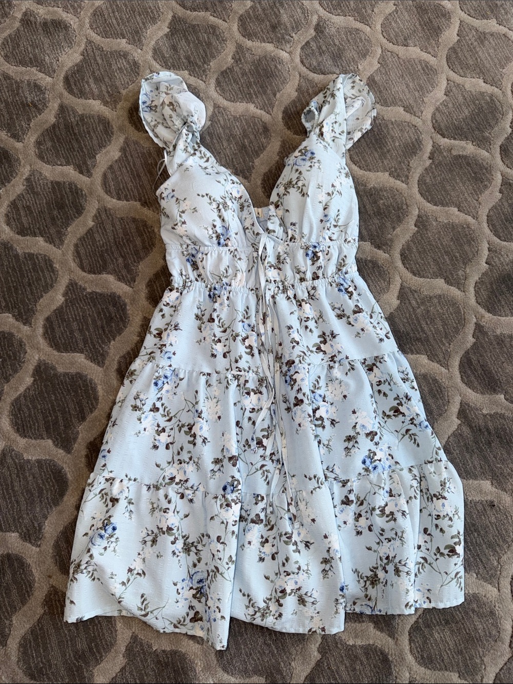 Light Blue Floral Ruffled Mini Dress with Tie Front
